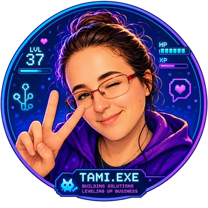 Tamara Bastos ilustrada como carta de personaje: guiña un ojo, hace el signo de la victoria y la rodean un nivel 37, barras de HP y XP y el rótulo TAMI.EXE
