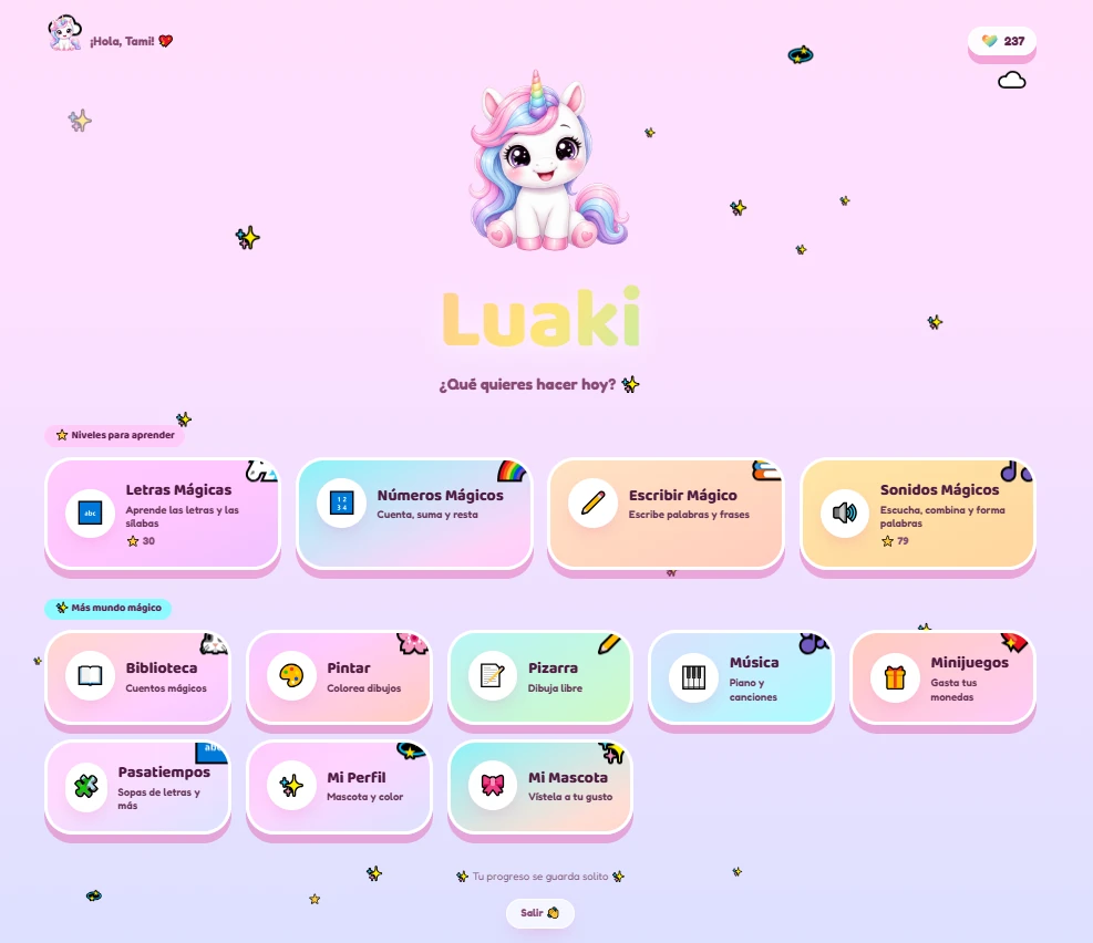 Pantalla de inicio de Luaki: la mascota unicornio, el título y las tarjetas de actividades como Letras Mágicas, Números Mágicos o Música
