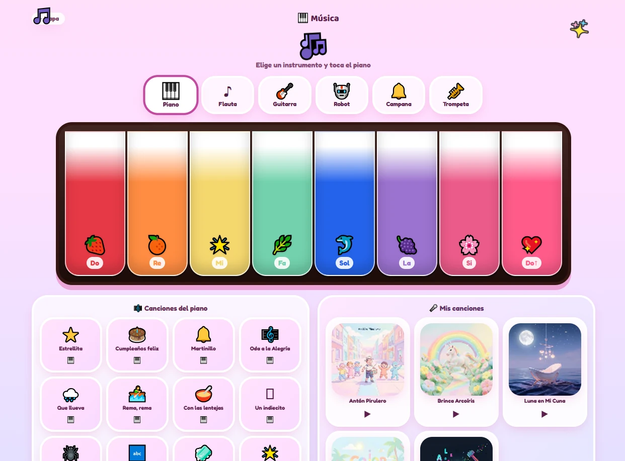 Pantalla de música de Luaki: un piano de colores, selector de instrumentos y lista de canciones