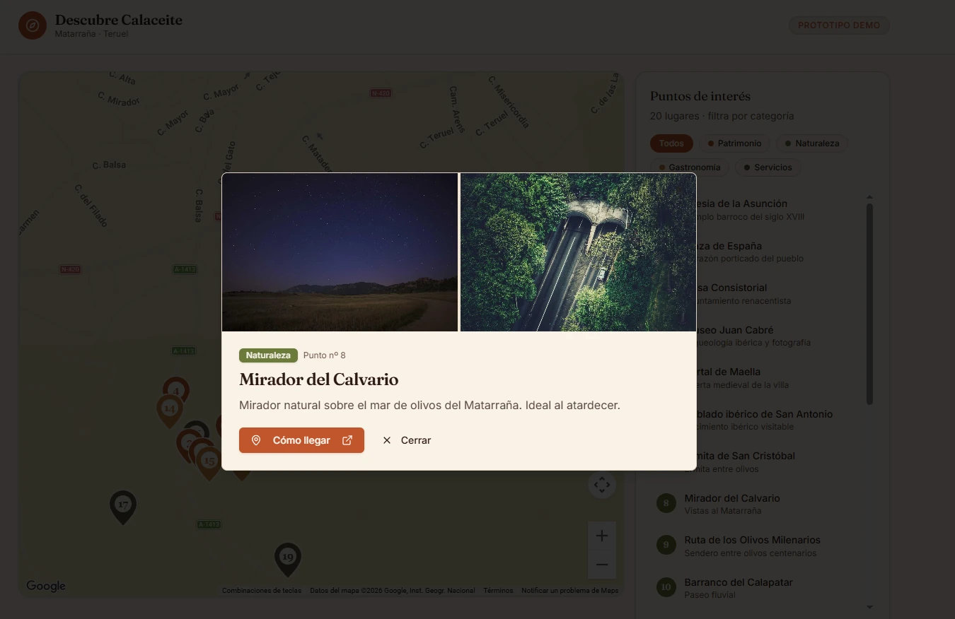 Ficha de un punto abierta sobre el mapa, con dos fotos, la categoría, el nombre, una descripción breve y el botón «Cómo llegar»