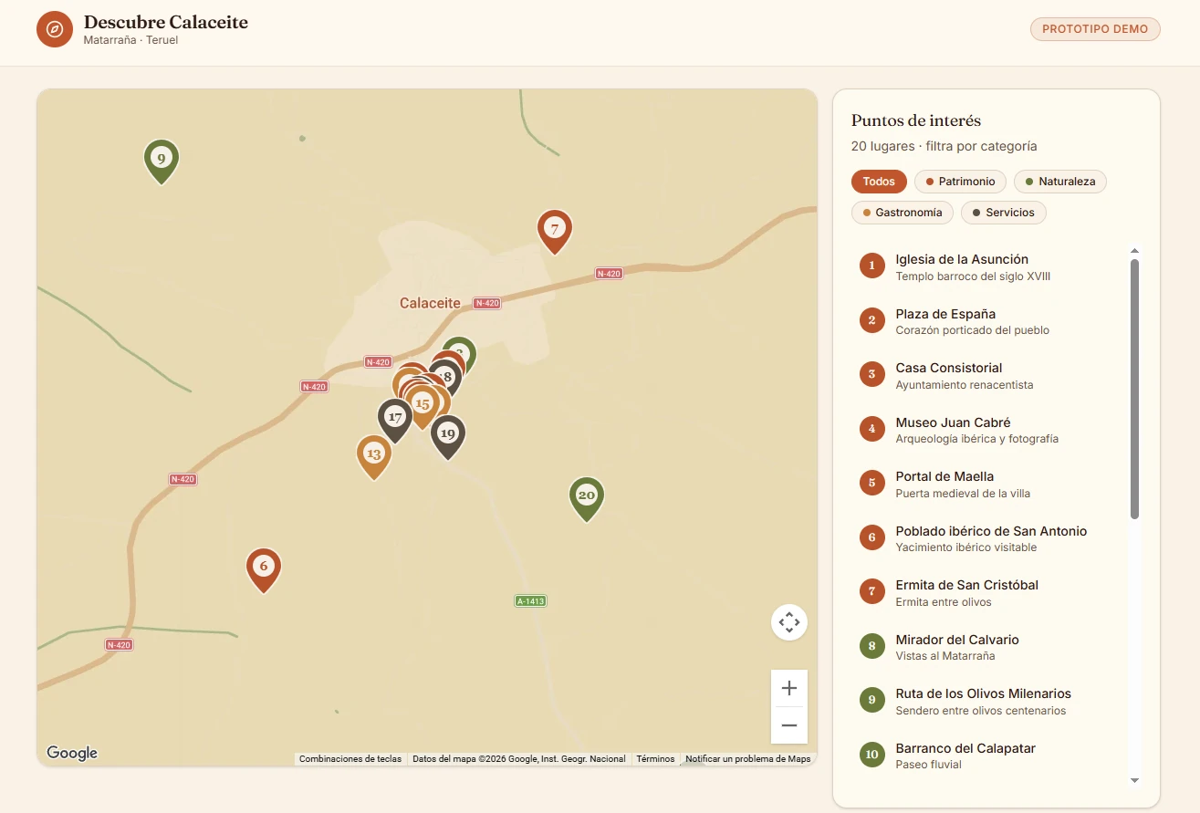 Prototipo del mapa interactivo: el mapa con los marcadores numerados a la izquierda y, a la derecha, el panel de puntos de interés con filtros por categoría